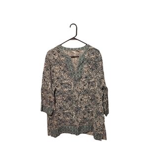 Sigrid Olsen 100% Linen Floral Paisley Boho Tunic Top Sz XL Blue White Coastal